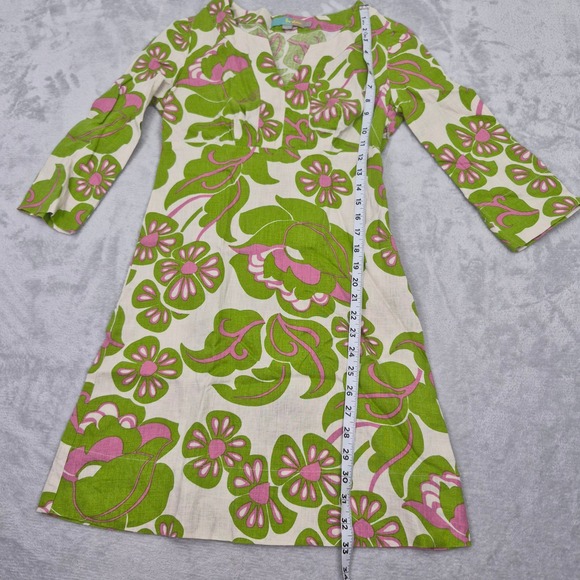 100% Linen Boden Womens 2 Floral Shift Dress Green Pink 70's Mini Sleeves Small - Picture 3 of 10